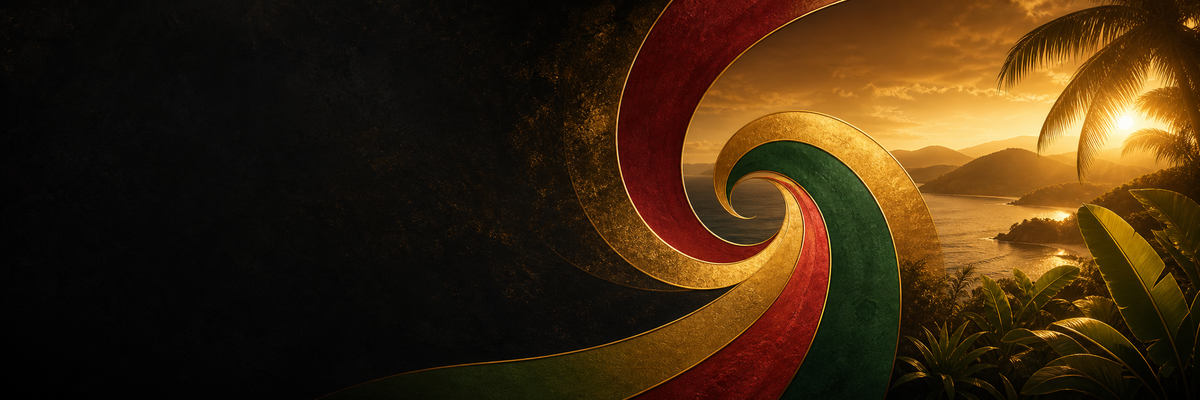 Walk Good Jamaica hero artwork with a red, gold, and green path opening onto a tropical sunset