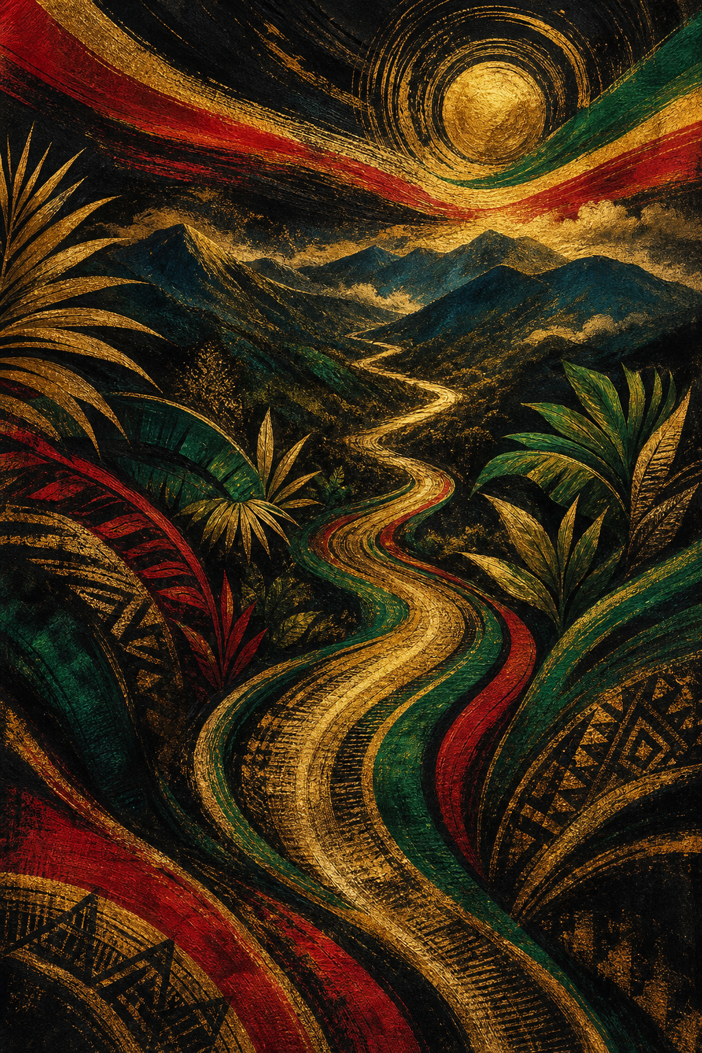 Walk Good signature path artwork in black, gold, red, and green